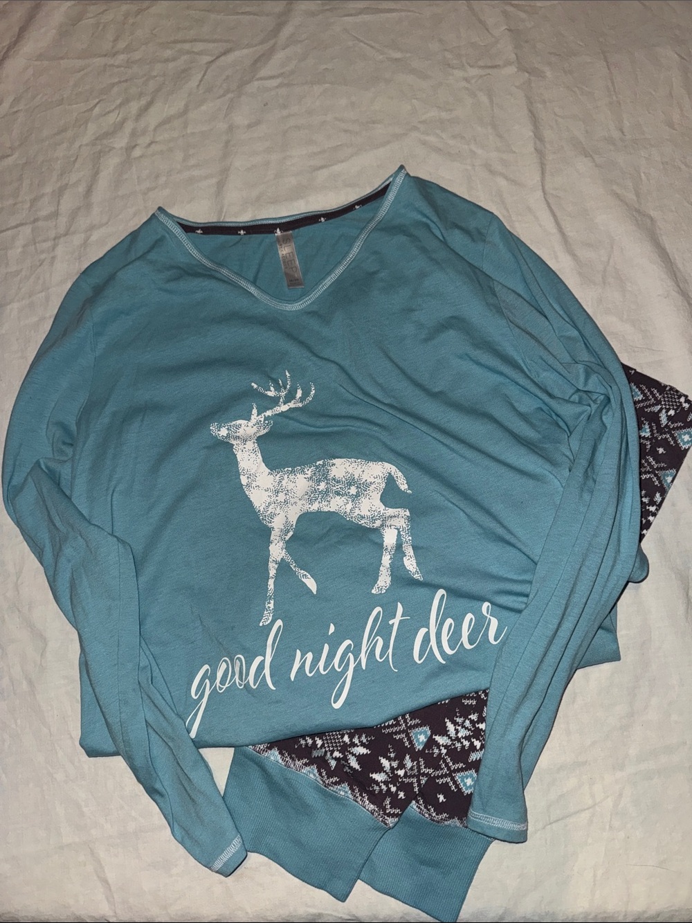 Long Sleeve Teal Pajama Set with Deer Graphic - Picture 4 of 5